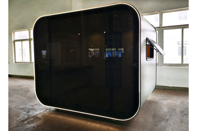 LED Privacy SPACEE pod with black tinted glass and side window.