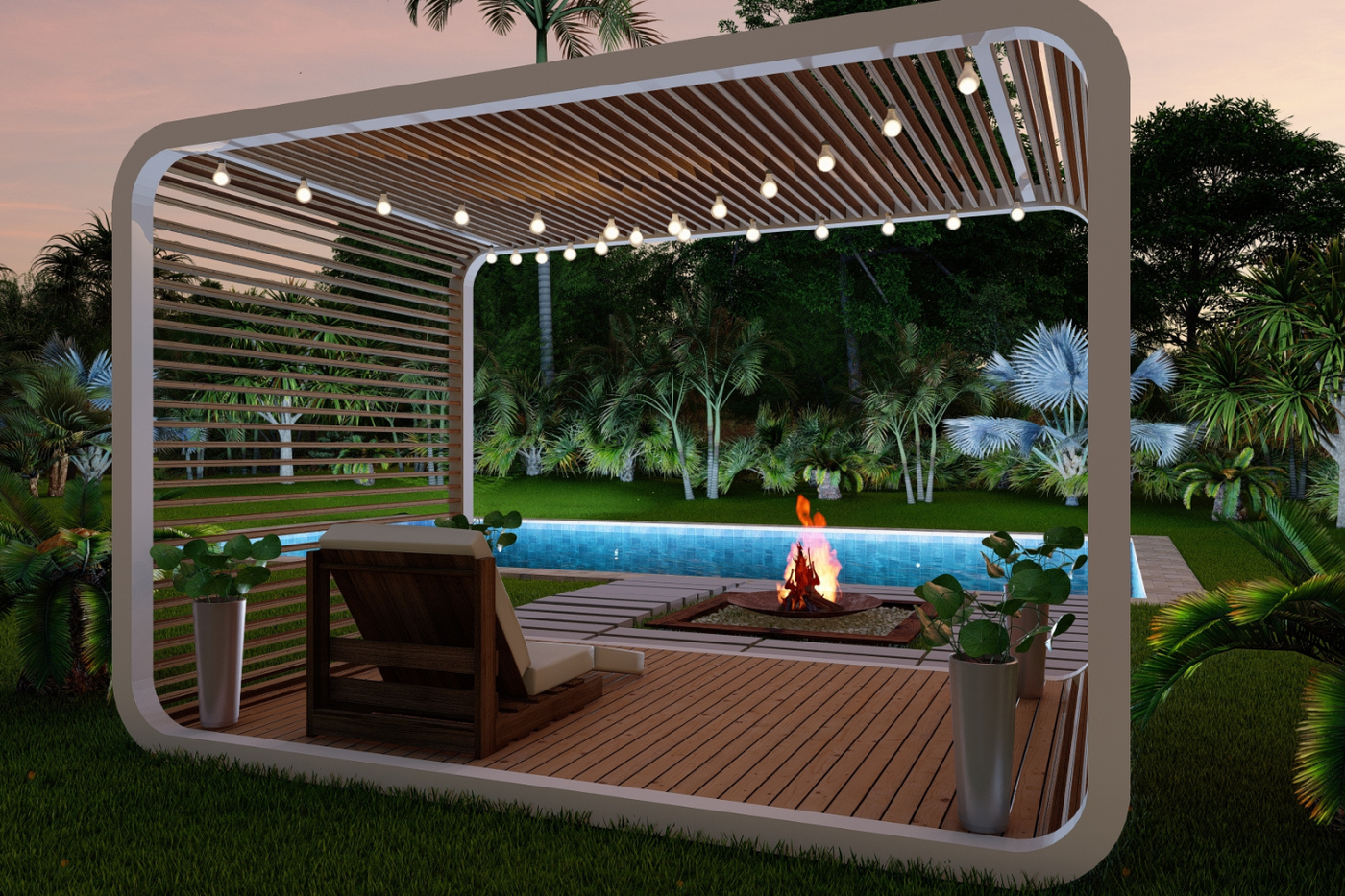 Deck accessory built by Spacee for your garden. Decorated with plants and a deck chair in front of a firepit with the pool in the background.