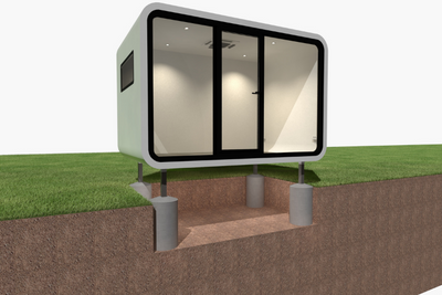 Concrete pier footings for Spacee pod to secure permanently and protect from harsh weather conditions