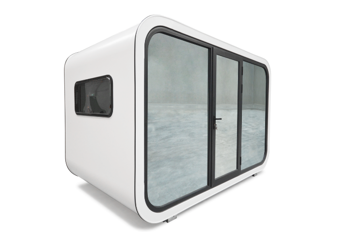 MediumBox Spacee design exterior view in white with glass mirrored doors and black door frames, lockable door and mirrored side window with black frame.