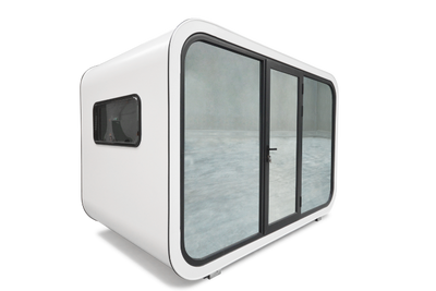 MediumBox Spacee design exterior view in white with glass mirrored doors and black door frames, lockable door and mirrored side window with black frame.