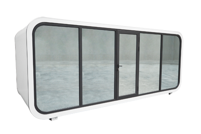 BigBox Spacee design exterior in white with mirrored window doors and black door frame with lockable front door.