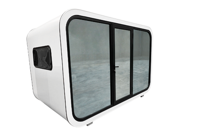 Eat Spacee design exterior in white with mirrored glass doors and black door frames and mirrored side window with black window frame.