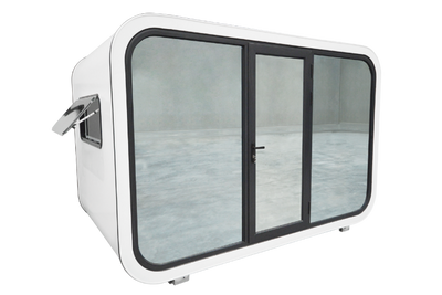 Rest Spacee design exterior in white with mirrored glass doors and black door frames and mirrored side window with black window frame.
