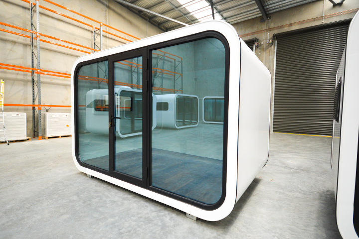MediumBox Spacee design exterior view in white with glass mirrored doors and black door frames, lockable door.