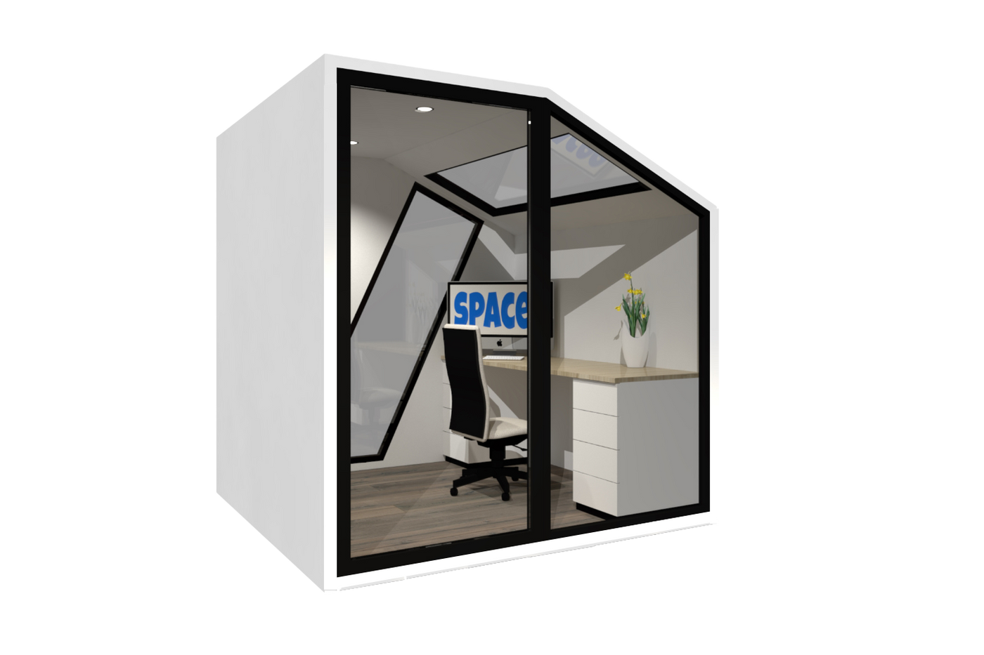 Sky Spacee can be used as a home office portable building featuring a sky light and desk area