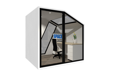 Sky Spacee can be used as a home office portable building featuring a sky light and desk area